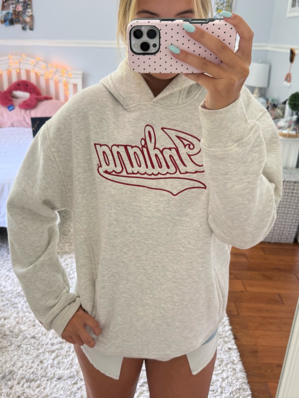League Cream Hoodie with Red Indiana University Logo